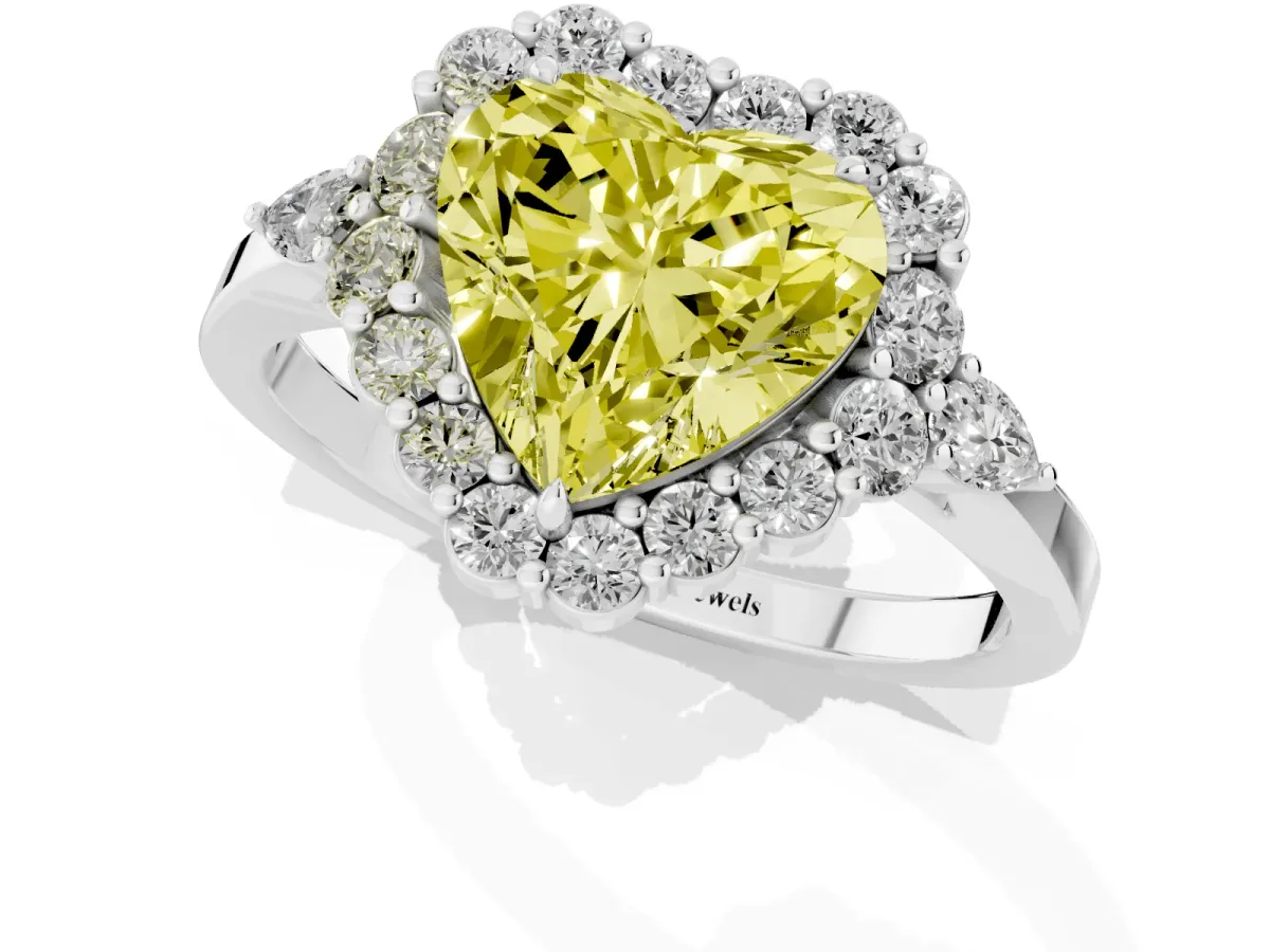 Fancy Yellow Heart Cut Diamond Halo Ring with Pear Side Stones and Prong Setting Silver
