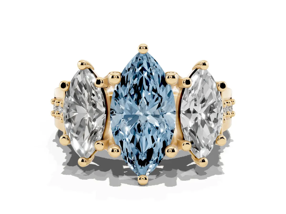 Fancy Blue Marquise Cut Diamond Three-Stone Ring with Channel Set Band and Four-Prong Setting Yellow gold