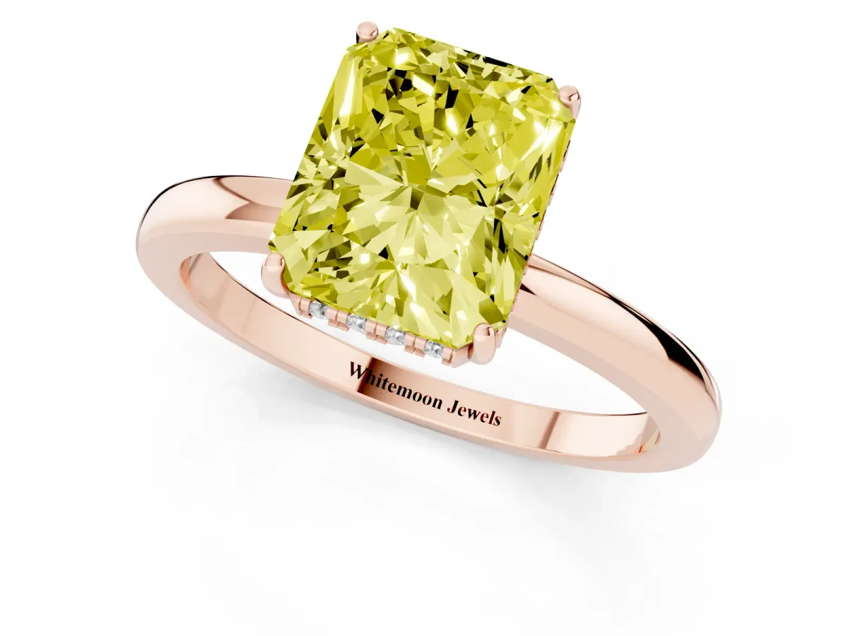 Fancy Yellow Radiant Cut Solitaire Diamond Ring with Prong Setting and Plain Band Rose gold