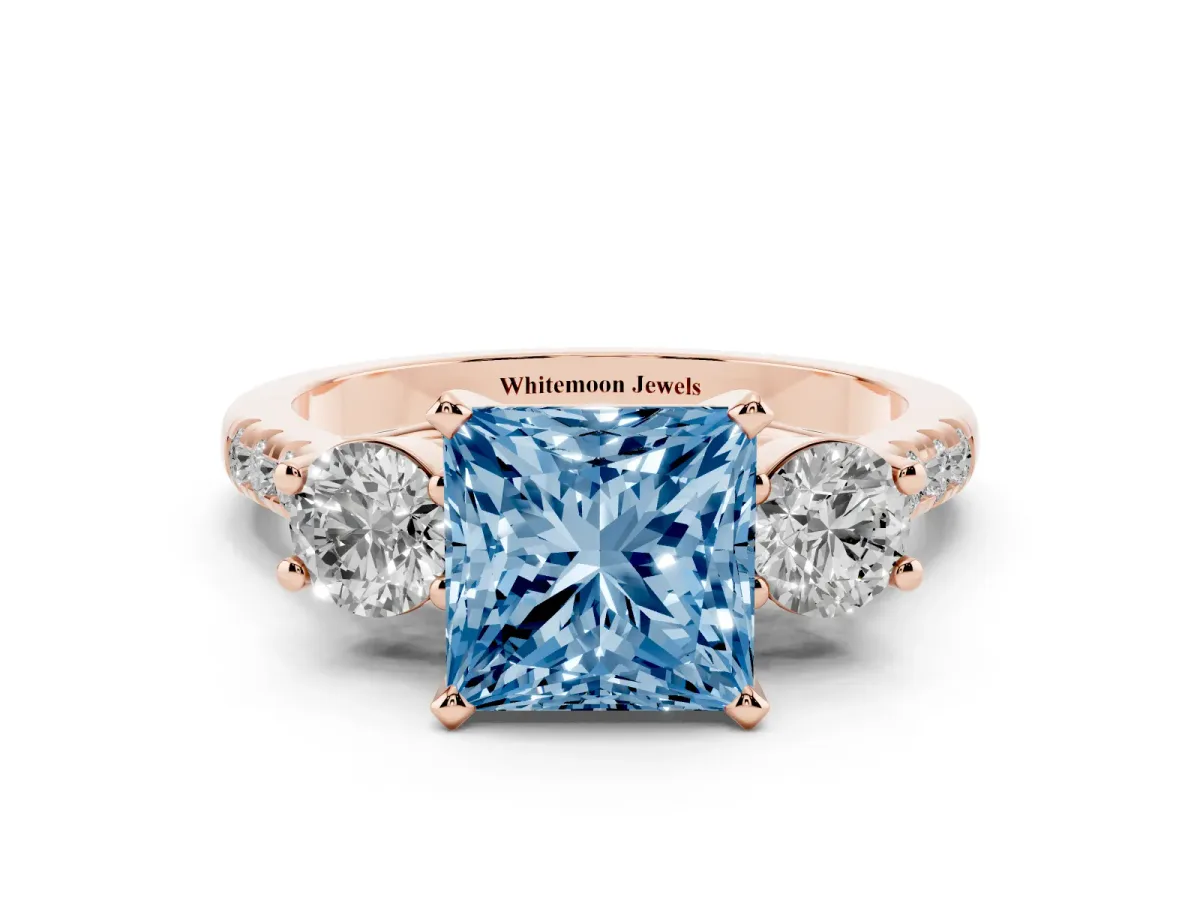 Fancy Blue Three-Stone Princess Cut Diamond Pavé Band with Four-Prong Setting Rose gold