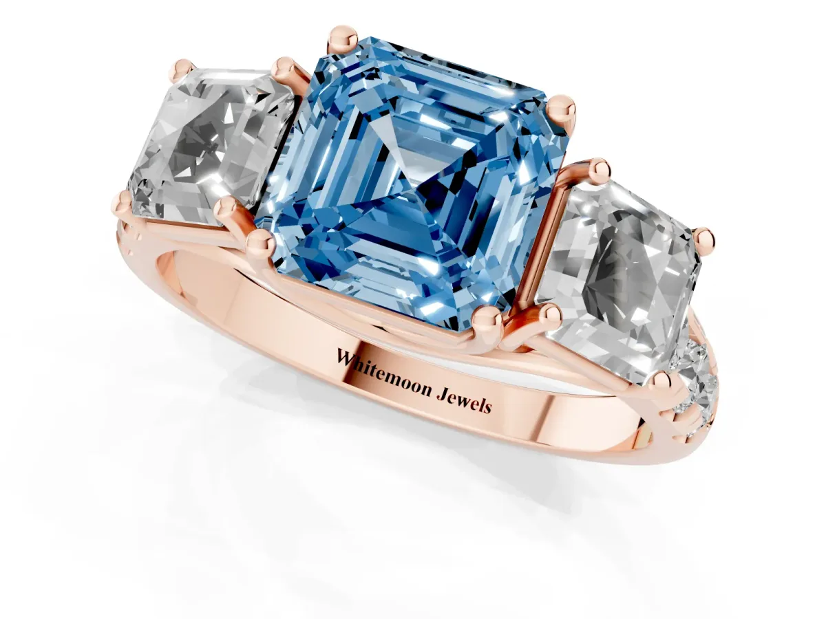 Fancy Blue Three-Stone Asscher Cut Diamond Pavé Band with Prong Setting Rose gold