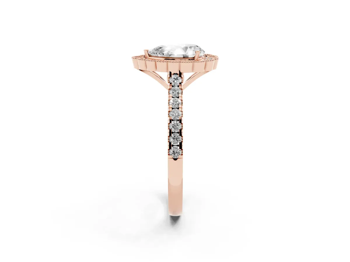 Pear Cut Cut Diamond Milgrain Floral Halo Engagement Ring with Pavé Band Rose gold