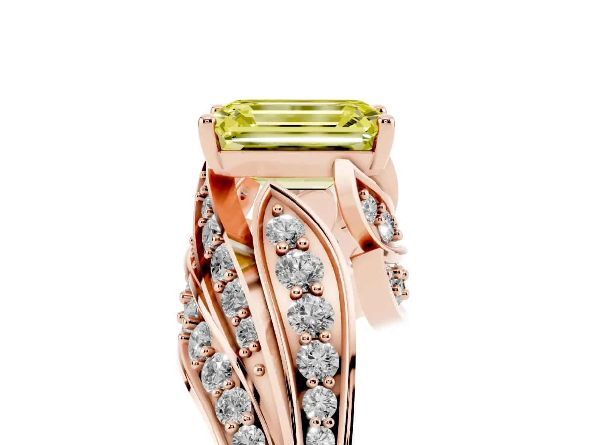 Fancy Yellow Emerald Cut Diamond Solitaire Ring with Prong Setting and Twisted Pavé Band Rose gold