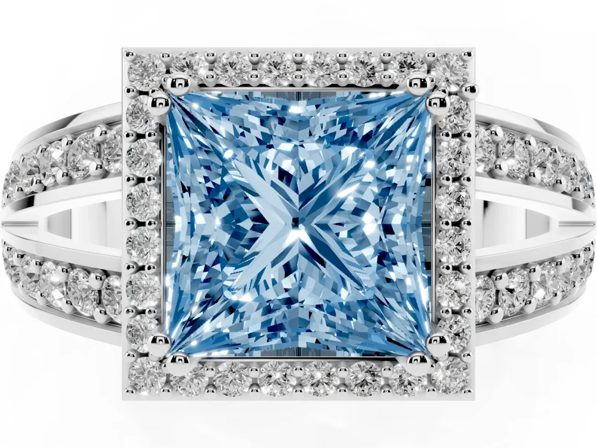 Fancy Blue Princess Cut Diamond Halo Ring with Split Shank Pavé Band and Four-Prong Setting Platinum