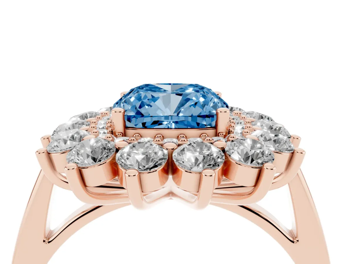Fancy Blue Cushion Cut Diamond Floral Double Halo Engagement Ring with Prong Setting Rose gold
