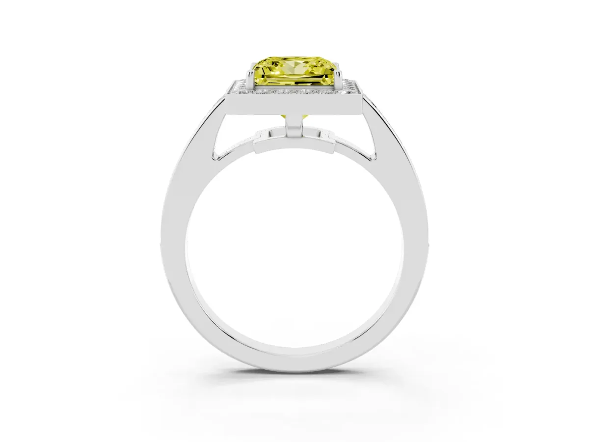 Fancy Yellow Princess Cut Halo Pavé Diamond Engagement Ring with Bezel Setting Silver