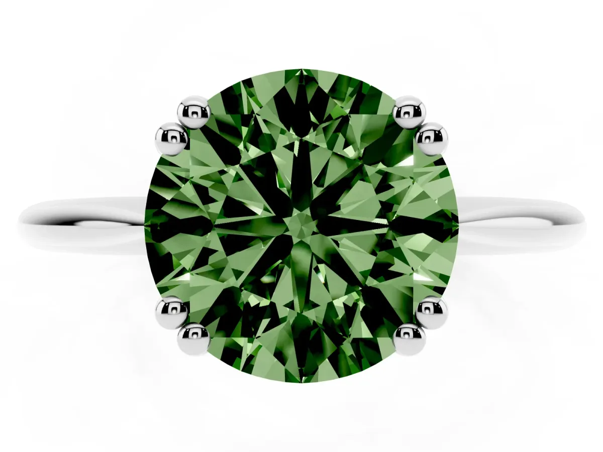 Fancy Green Round Cut Solitaire Diamond Ring with Six-Prong Setting and Classic Band Silver