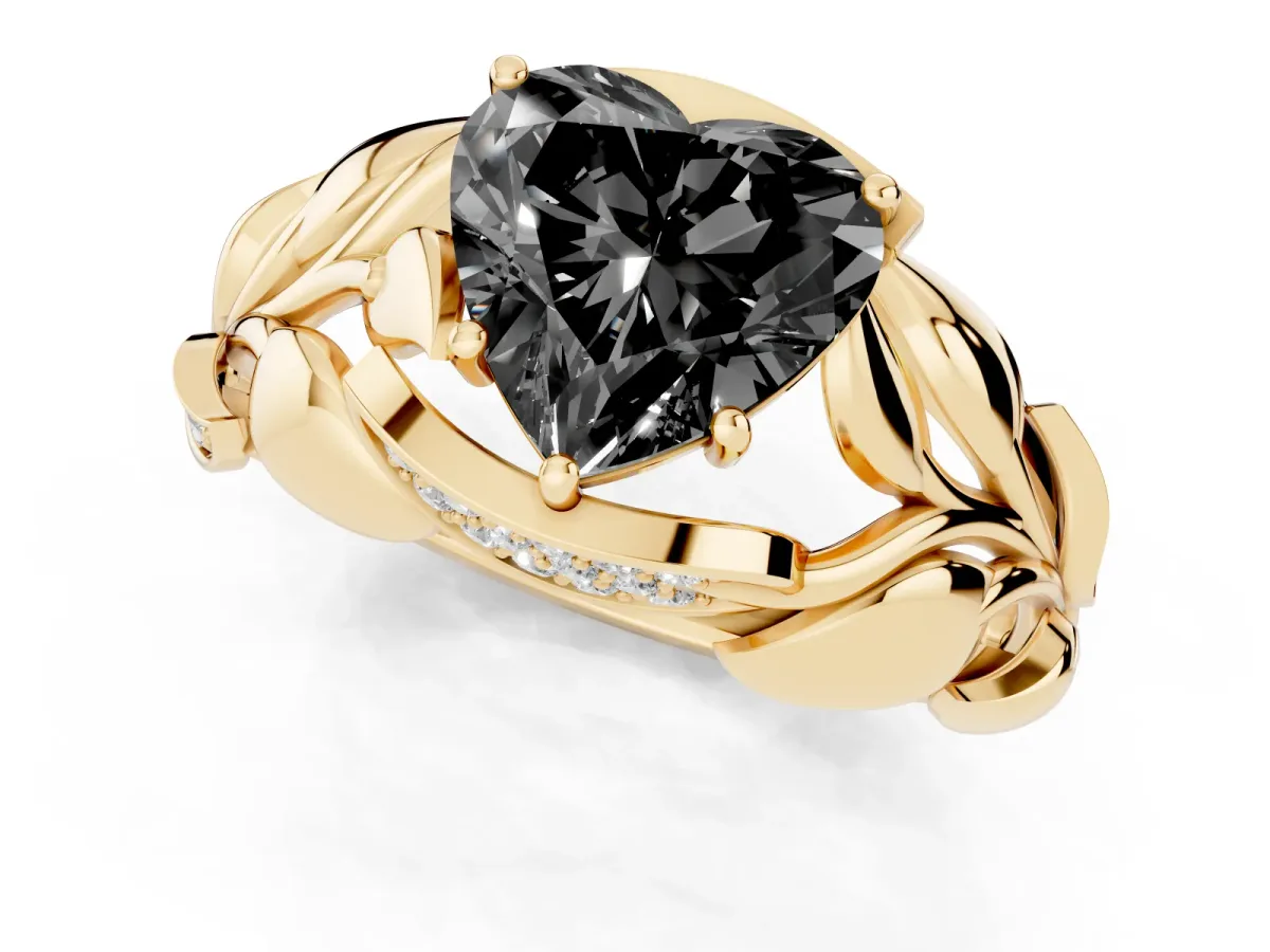 Fancy Black Heart Cut Diamond Leaf-Inspired Engagement Ring with Round Accents and Prong Setting Yellow gold