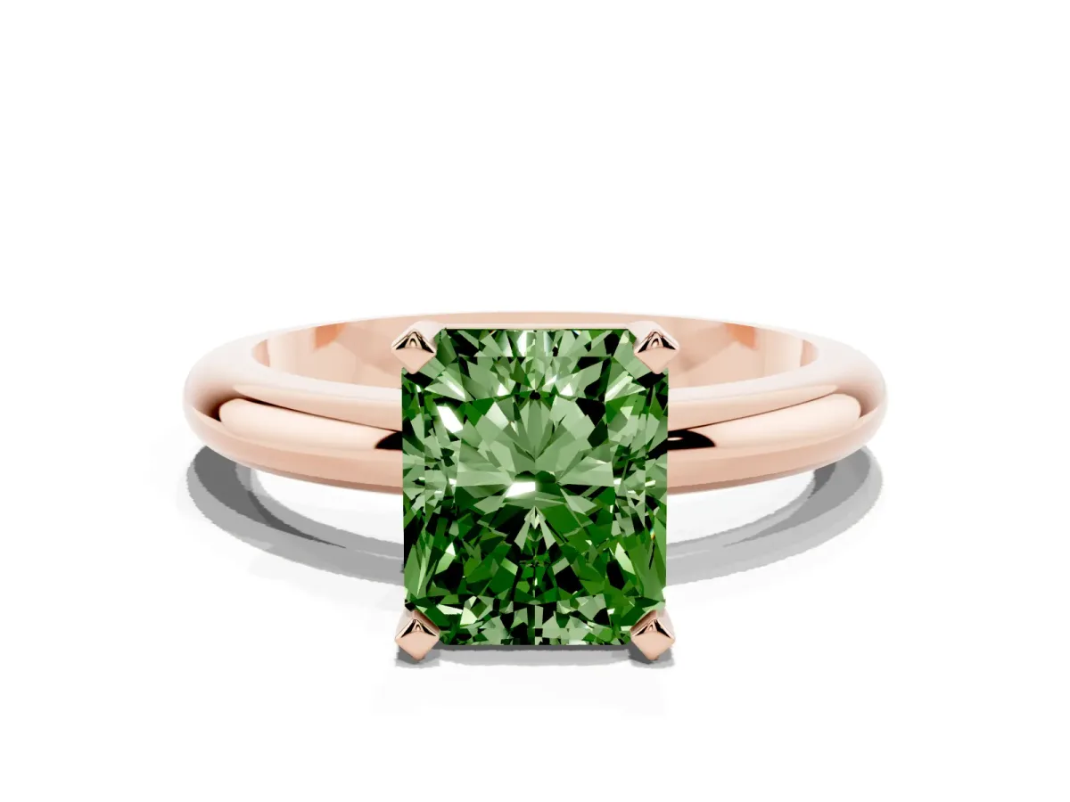 Fancy Green Radiant Cut Diamond Solitaire Engagement Ring with Round Band and Four-Prong Setting Rose gold