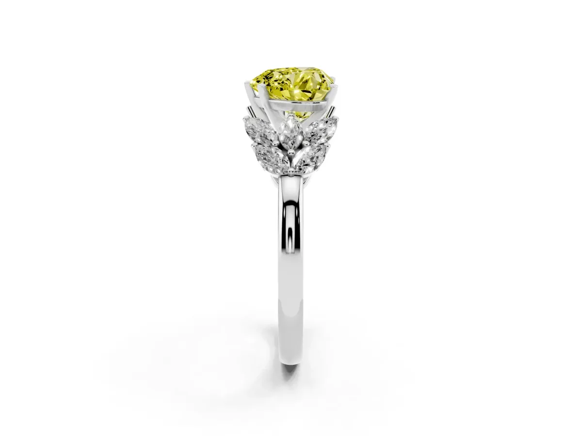 Fancy Yellow Heart Cut Diamond Cluster Leaf Design Ring with Prong Setting Silver
