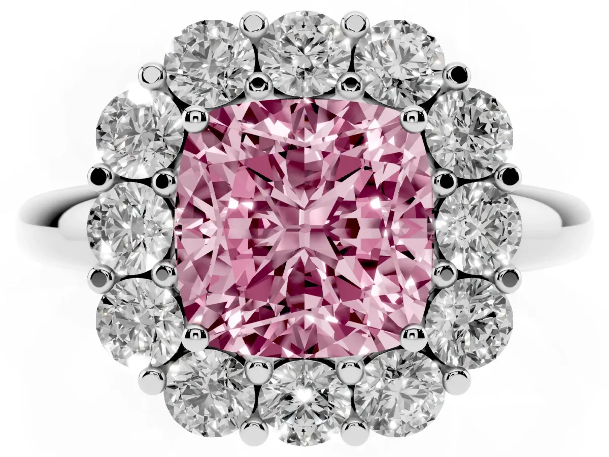 Fancy Pink Cushion Cut Halo Cluster Diamond Engagement Ring with Prong Setting and Polished Band Platinum