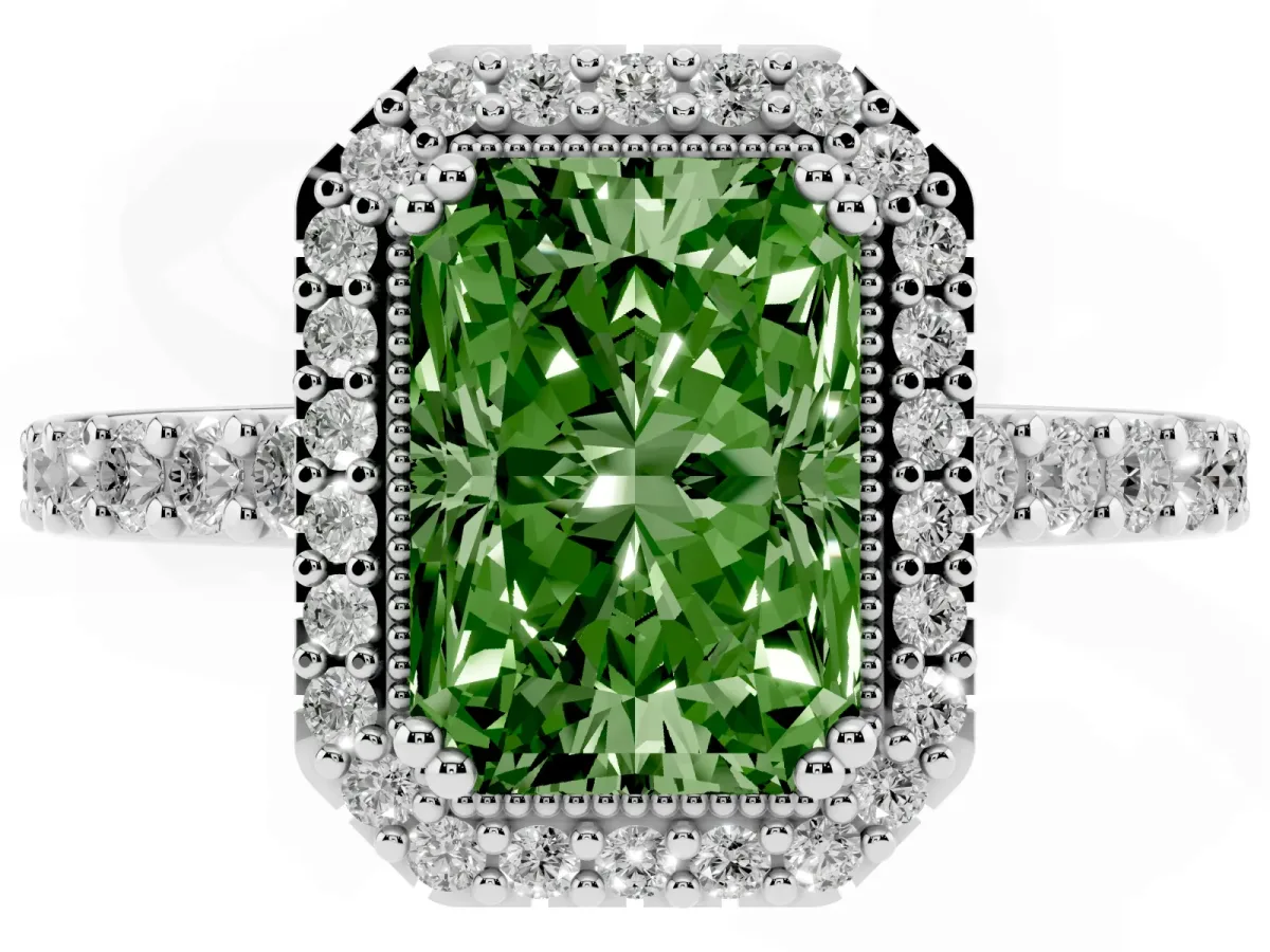 Fancy Green Radiant Cut Cut Diamond Halo Engagement Ring with Milgrain Detail and Pavé Band Silver