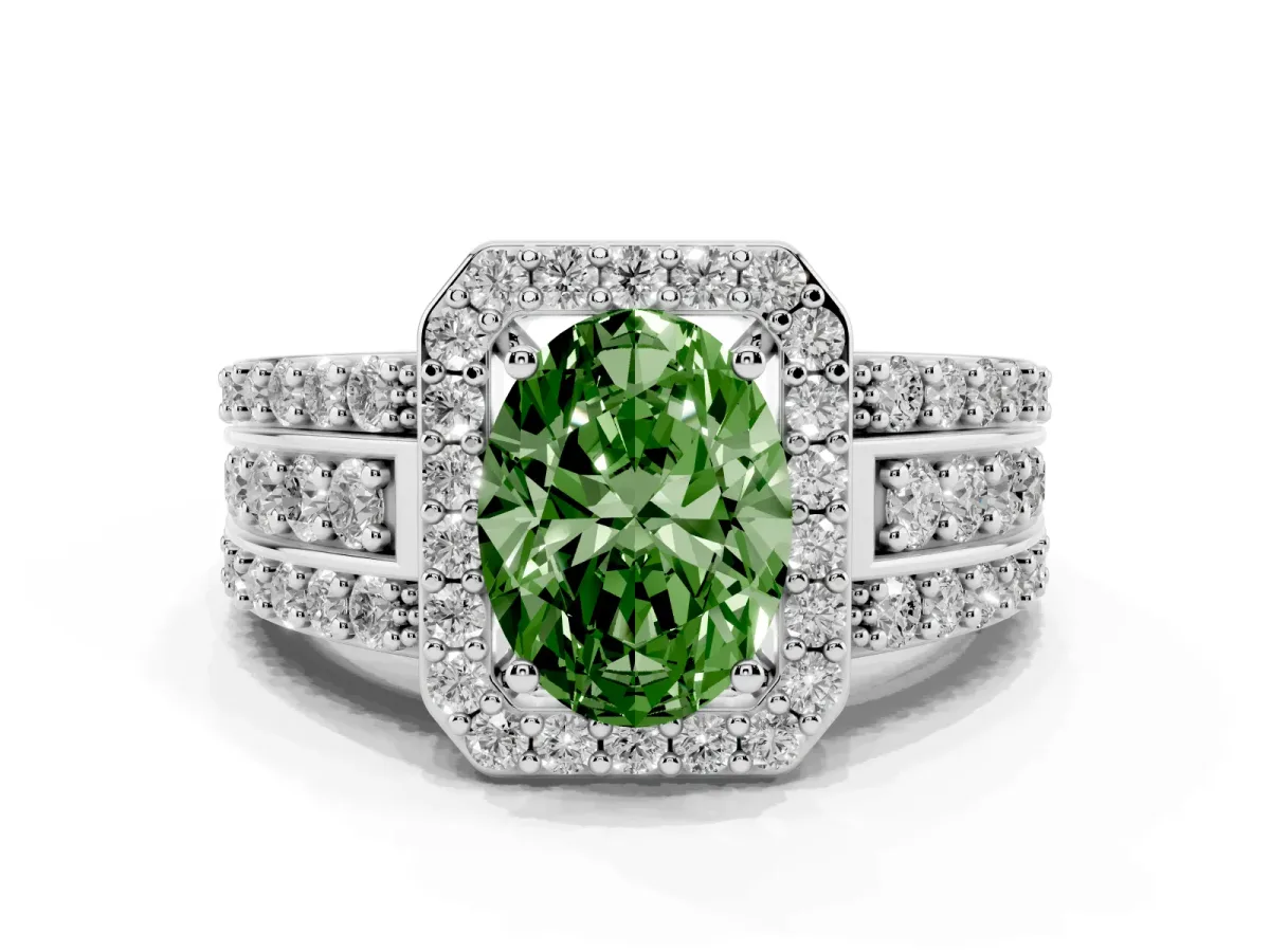 Fancy Green Oval Cut Halo Diamond Ring with Round Split Shank and Prong Setting Silver