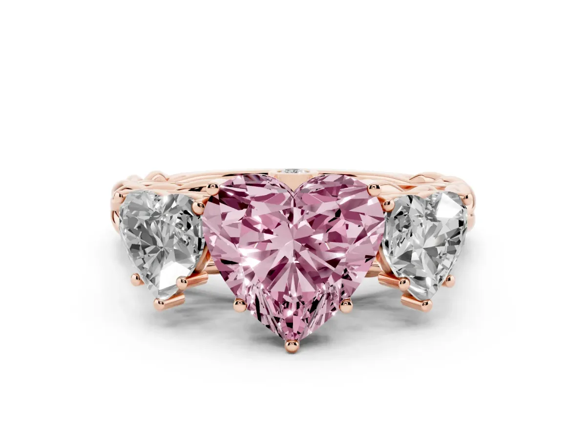 Fancy Pink Three-Stone Heart Cut Diamond Braided Band Ring with Four-Prong Setting Rose gold