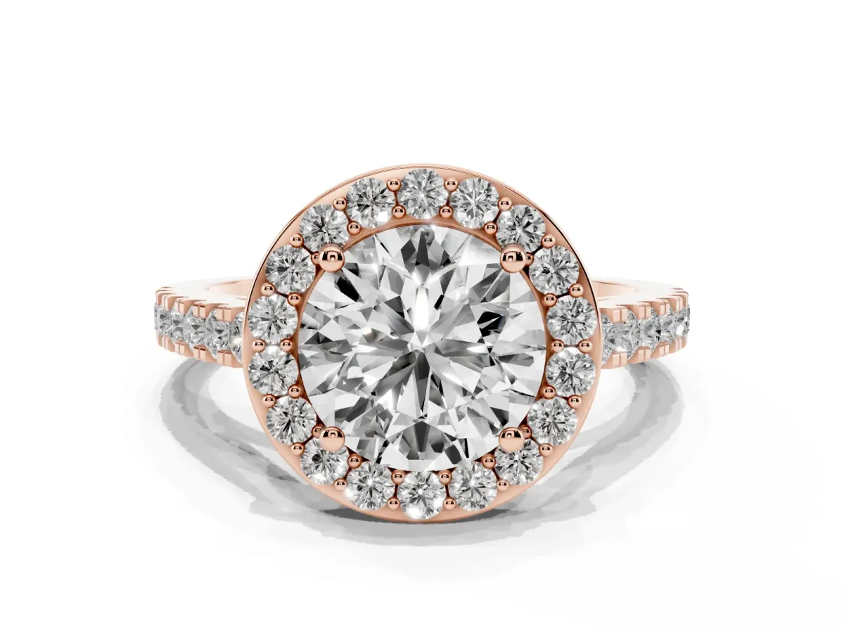 Round Cut Diamond Halo Ring with Round Pavé Split Shank and Prong Setting Rose gold