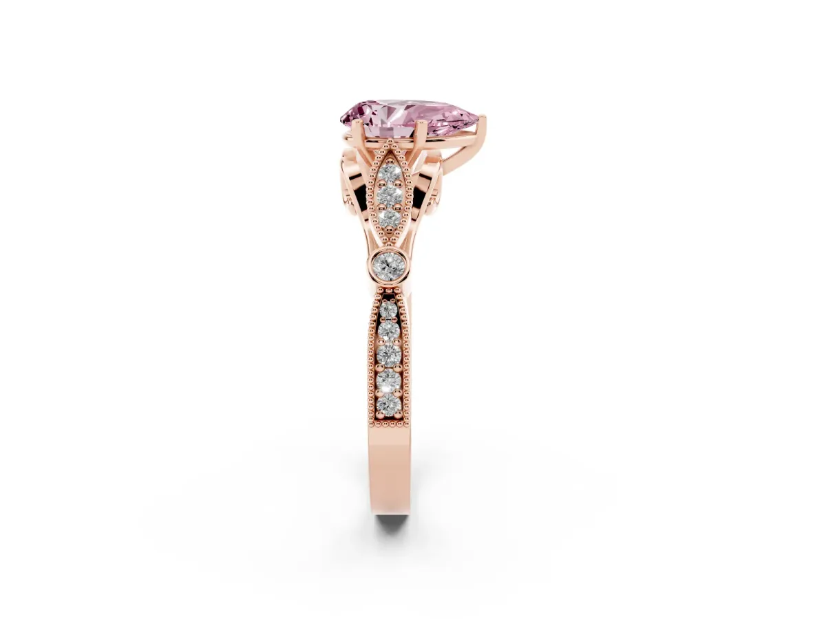 Fancy Pink Pear Cut Cut Diamond with Milgrain Marquise and Bezel Accents on a Solitaire Band with Prong Setting Rose gold