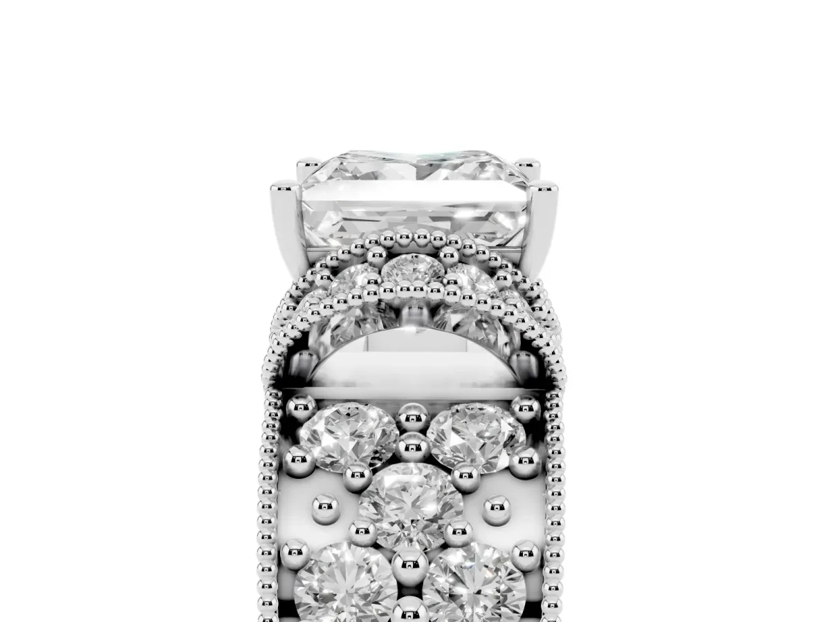 Princess Cut Halo Pave Diamond Engagement Ring with Milgrain Detailing Silver