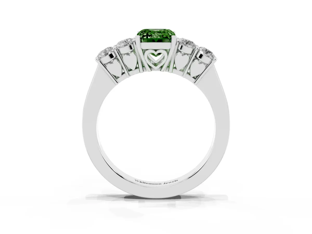 Fancy Green Emerald Cut Cut Diamond Five-Stone Prong Set White Gold Ring Silver