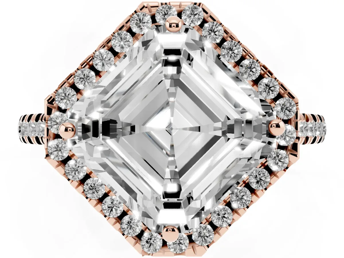 Asscher Cut Diamond Cushion Halo Ring with Pavé Band Rose gold