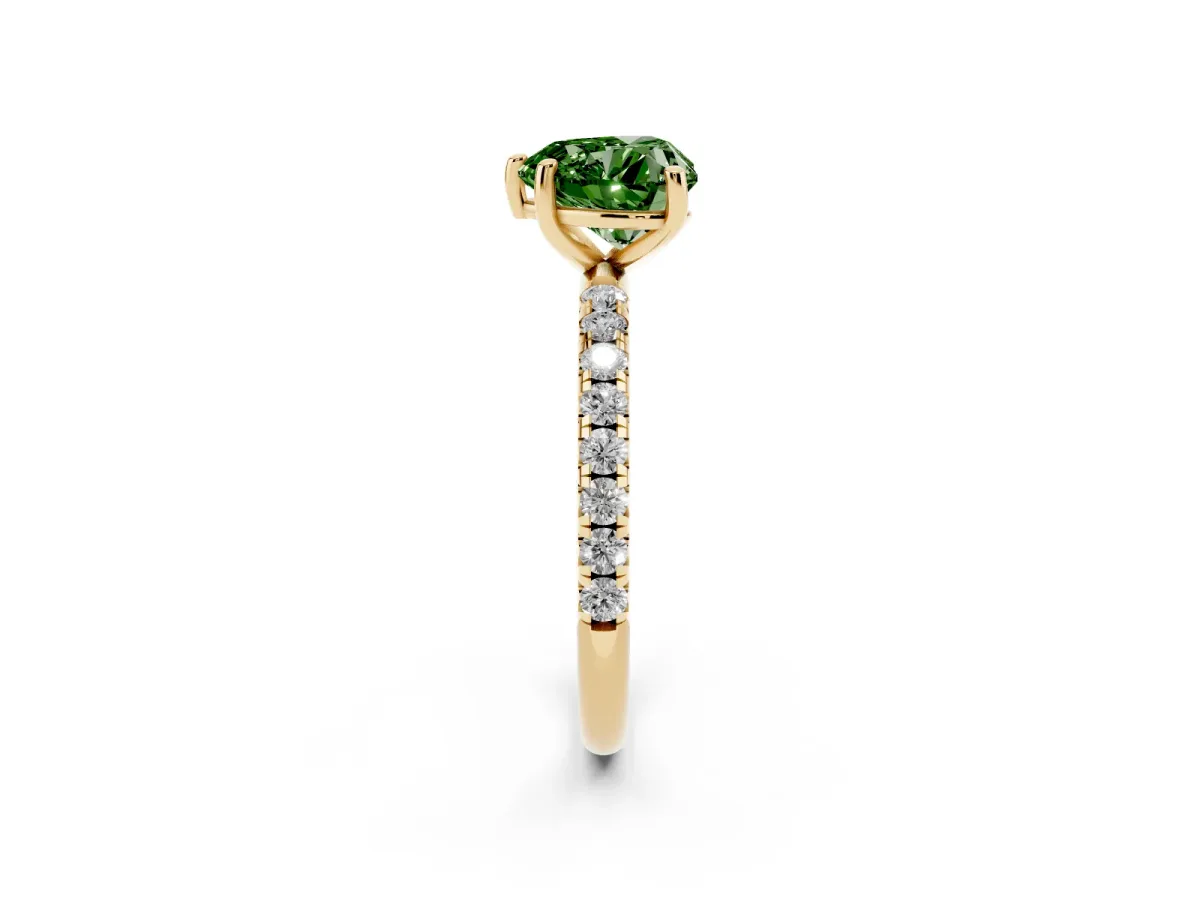 Fancy Green Heart Cut Cut Diamond Solitaire Ring with Micro Pave Band and Four Prong Setting Yellow gold