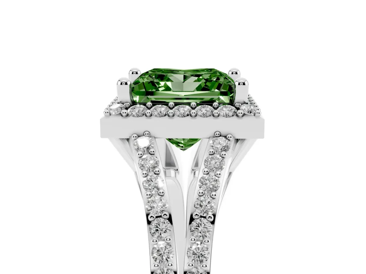 Fancy Green Princess Cut Halo Split Shank Diamond Ring with Prong Setting White gold