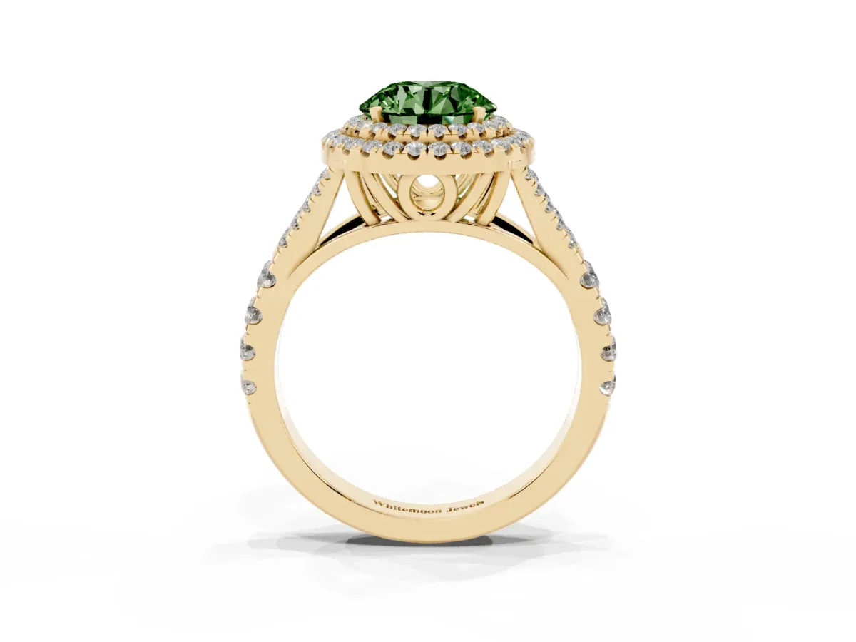 Fancy Green Double Halo Round Cut Diamond Split Shank Engagement Ring with Four-Prong Setting Yellow gold