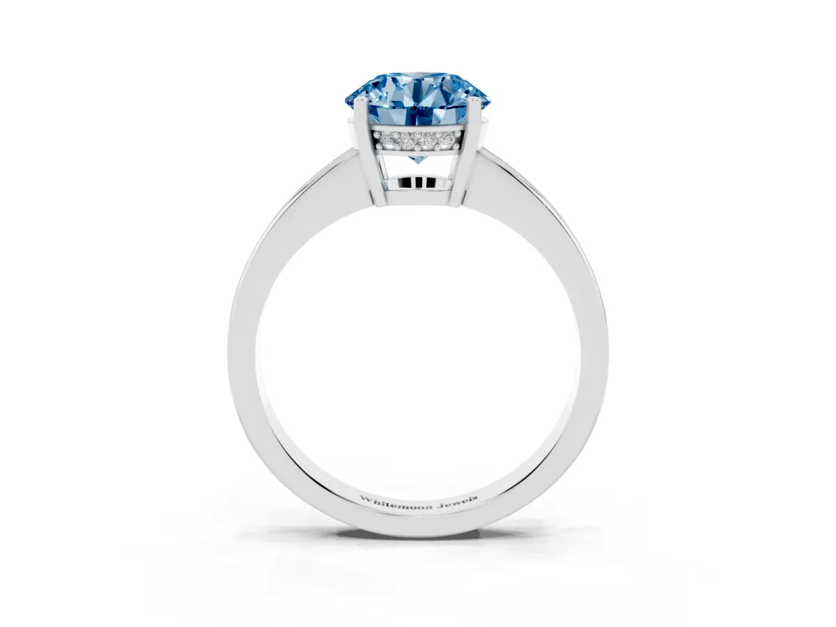 Fancy Blue Round Cut Solitaire Pavé Band Prong Setting Ring Silver