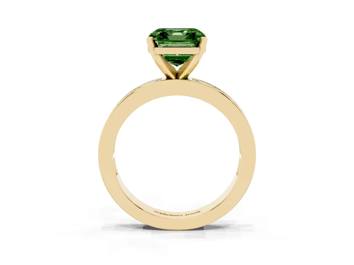 Fancy Green Asscher Cut Solitaire Diamond Ring with Channel-Set Baguette Band and Four-Prong Setting Yellow gold