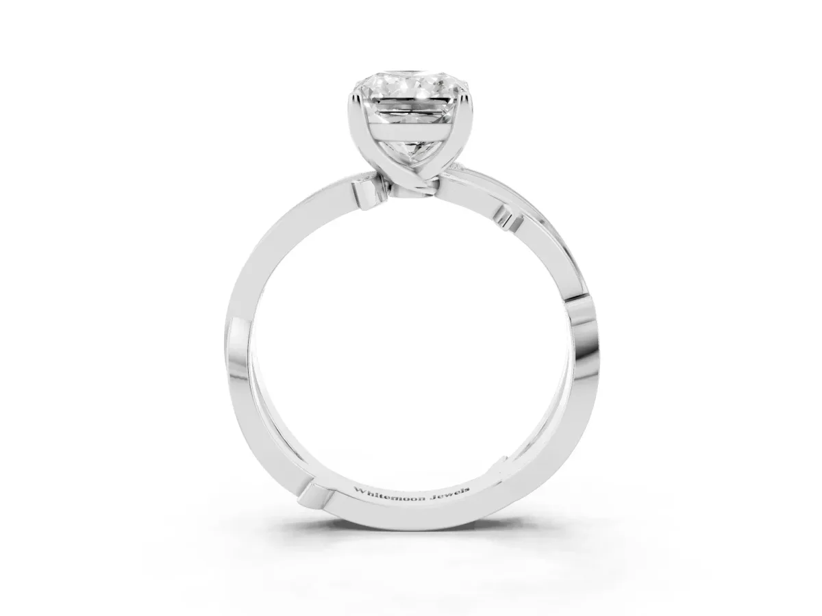 Radiant Cut Solitaire Twist Band with Pavé Accents and Four-Prong Setting White gold