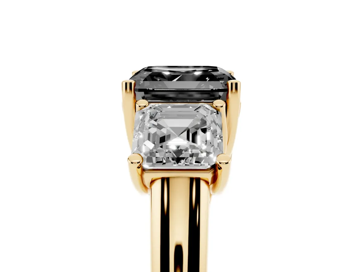 Fancy Black Three-Stone Asscher Cut Diamond Engagement Ring with Prong Setting Yellow gold