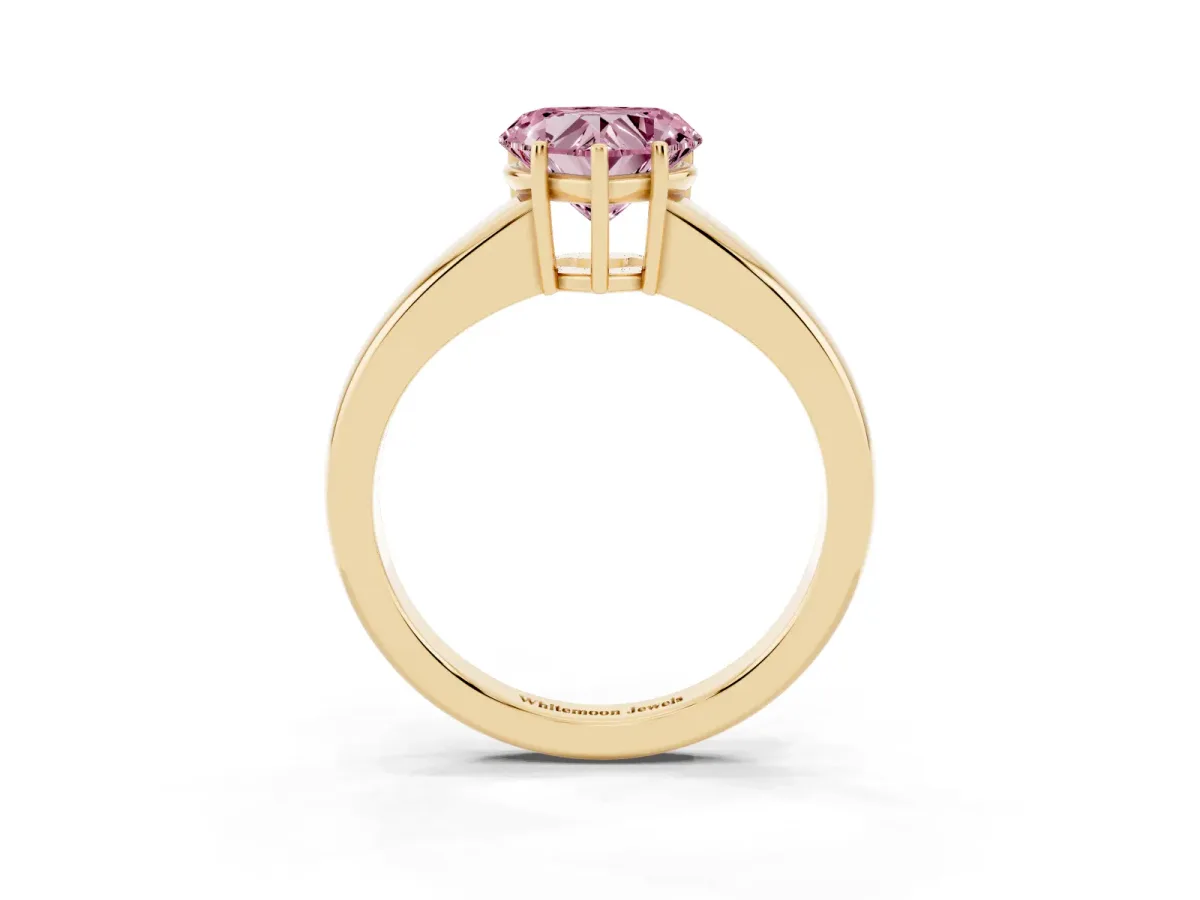 Fancy Pink Heart Cut Solitaire Diamond Ring with Tapered Band and Four-Prong Setting Yellow gold