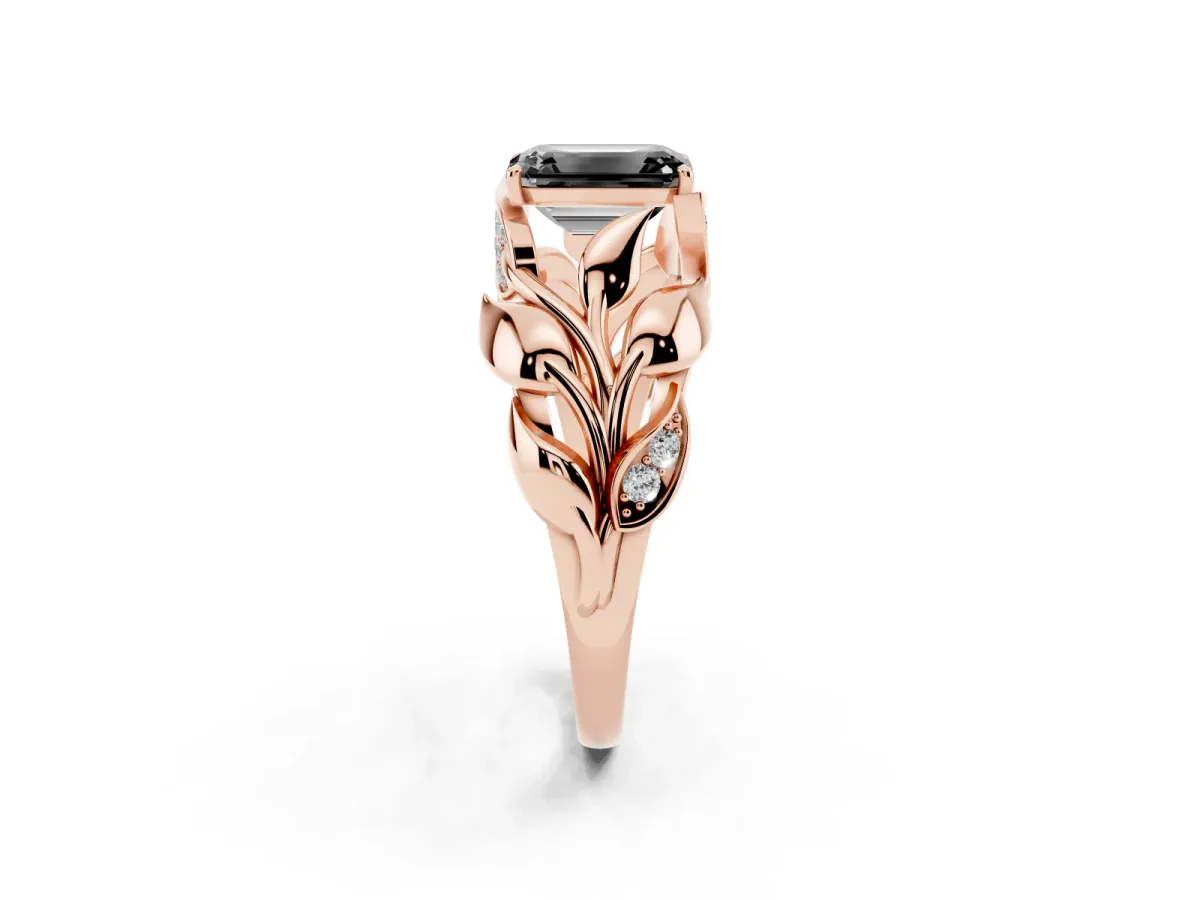 Fancy Black Emerald Cut Diamond Leaf-Inspired Engagement Ring with Round Accents and Prong Setting Rose gold
