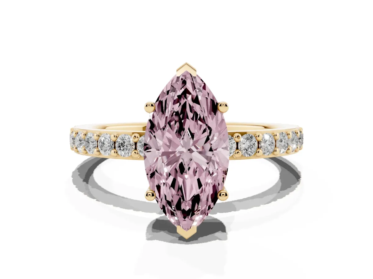 Fancy Pink Marquise Cut Cut Diamond Solitaire with Pave Band and Four-Prong Setting Yellow gold