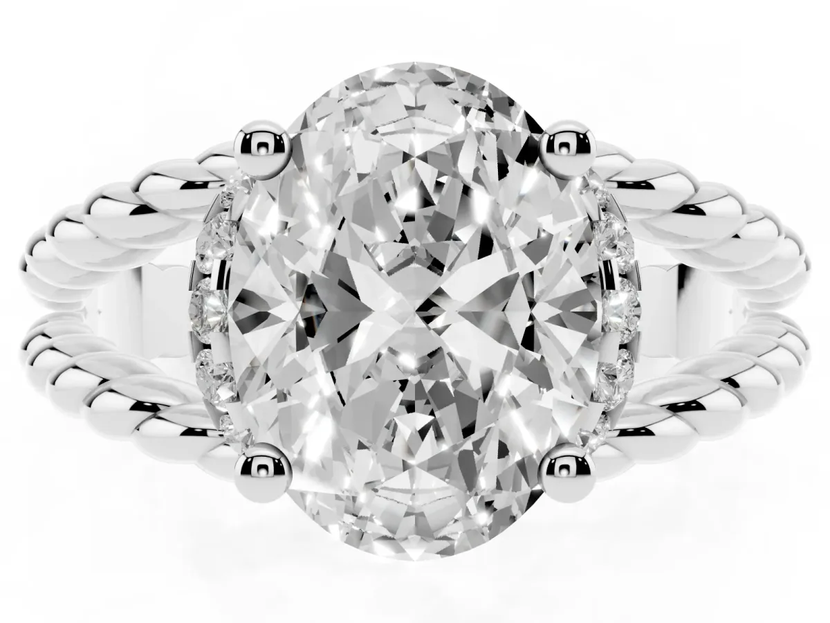 Oval Cut Halo Twisted Band Four-Prong Ring Silver