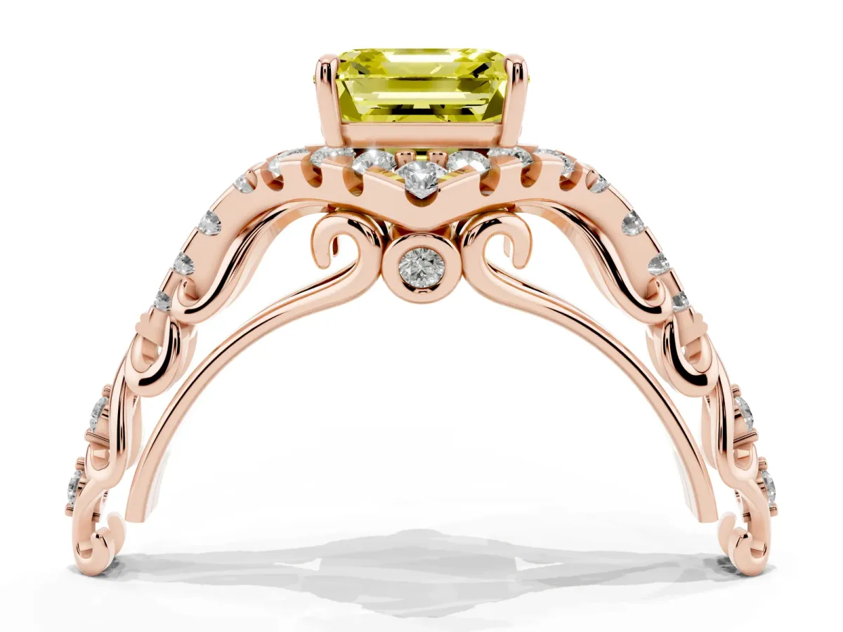 Fancy Yellow Asscher Cut Diamond Solitaire Ring with Hidden Halo and Pavé Band Rose gold