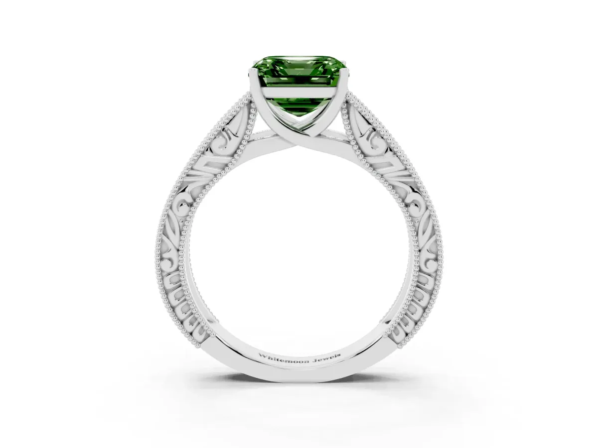 Fancy Green Asscher Cut Diamond Solitaire Ring with Engraved Band and Four-Prong Setting White gold