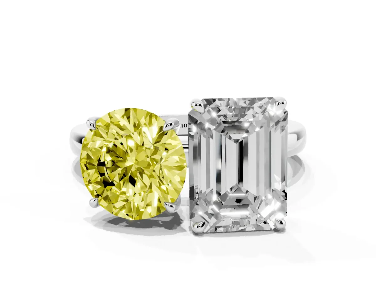 Fancy Yellow Round Cut and Emerald Cut Toi Moi Ring with Prong Setting Platinum