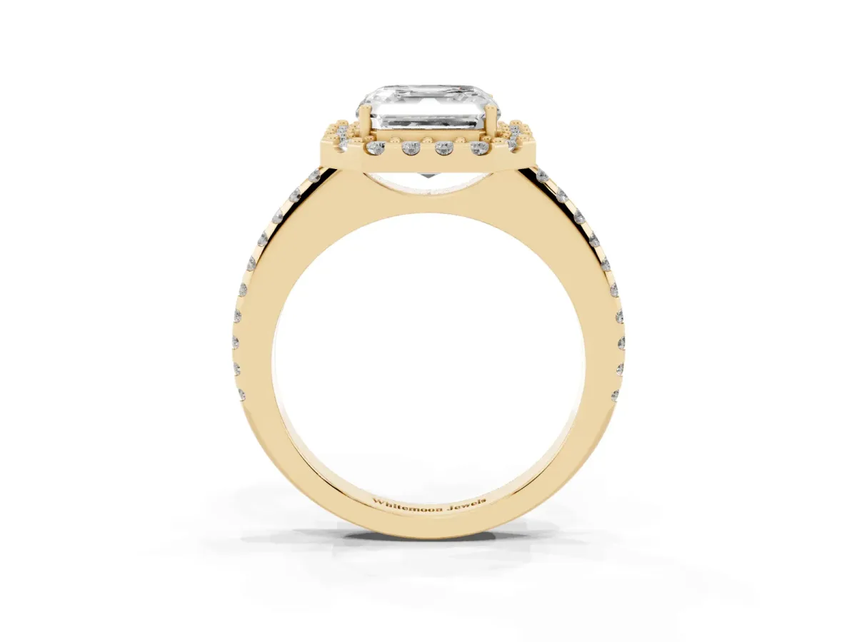 Asscher Cut Diamond Pavé Halo Ring with Four-Prong Setting Yellow gold