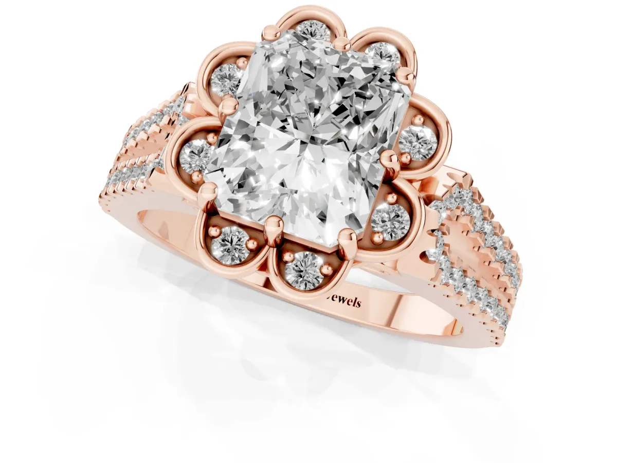 Radiant Cut Halo Diamond Floral Split Shank Engagement Ring Rose gold