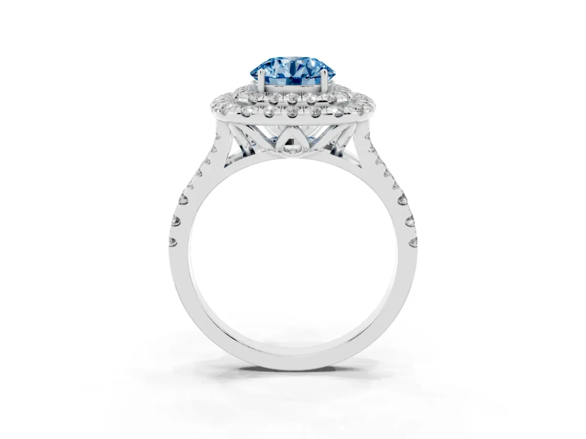 Fancy Blue Double Halo Round Cut Diamond Pavé Split Shank Ring with Prong Setting White gold