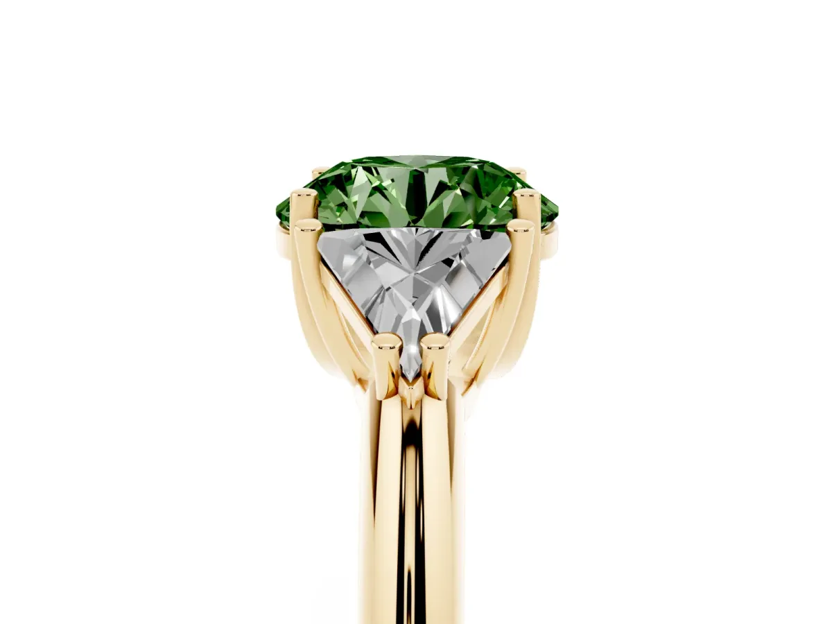 Fancy Green Three-Stone Round Cut Diamond Engagement Ring with Trillion Side Stones and Prong Setting Yellow gold