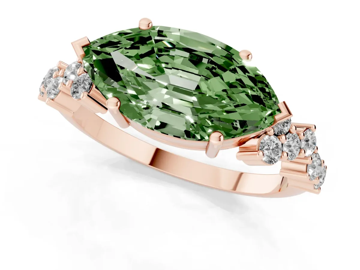 Fancy Green Marquise Cut Diamond Scattered Round Accent Ring with Prong Setting Rose gold