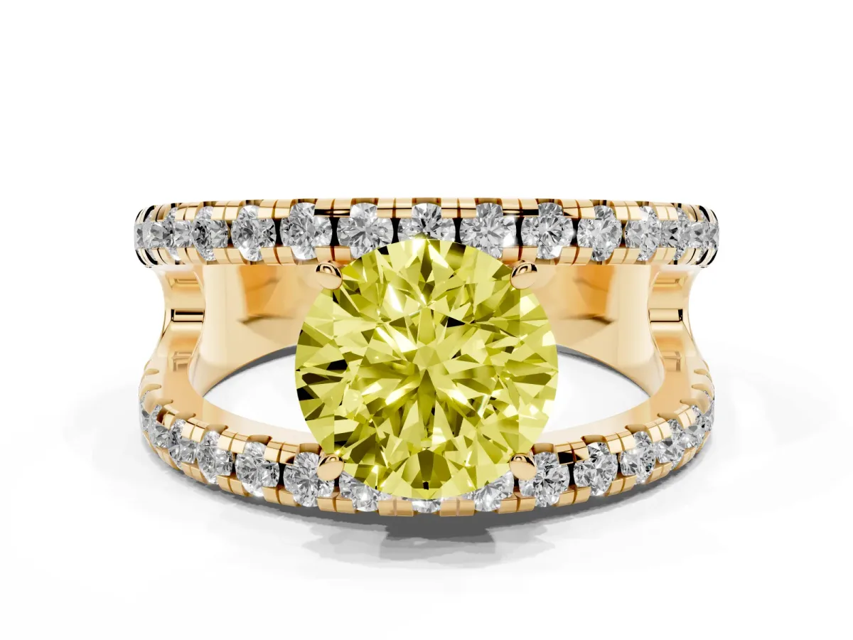 Fancy Yellow Round Cut Solitaire Split Shank Pave Diamond Ring Yellow gold