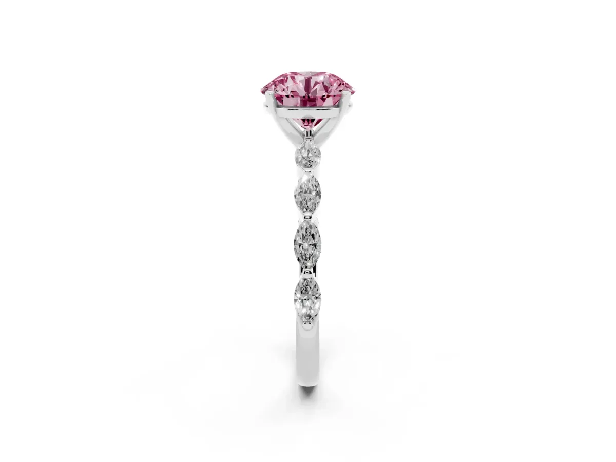 Fancy Pink Round Cut Diamond Ring with Marquise Side Stones and Prong Setting Silver