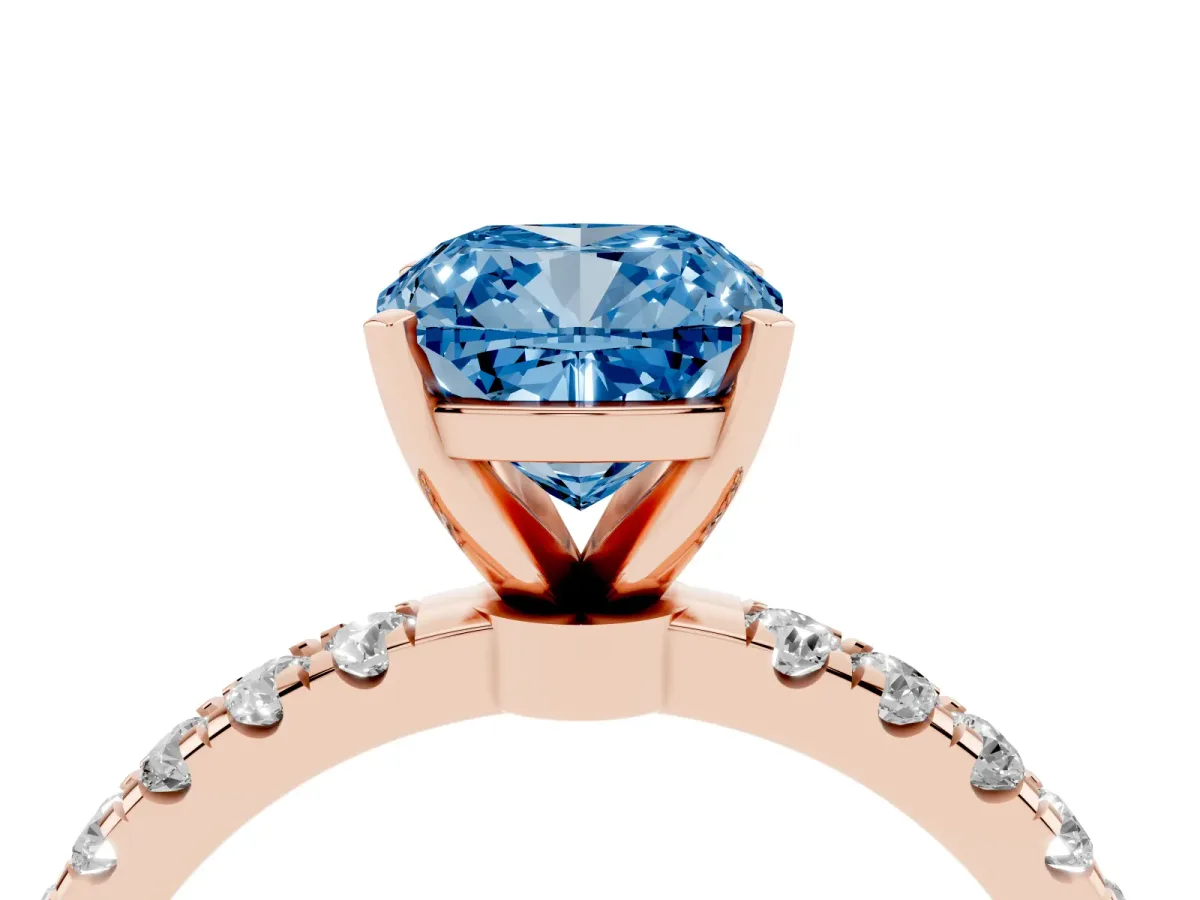Fancy Blue Cushion Cut Diamond Solitaire Ring with Pavé Accents and Four-Prong Setting Rose gold