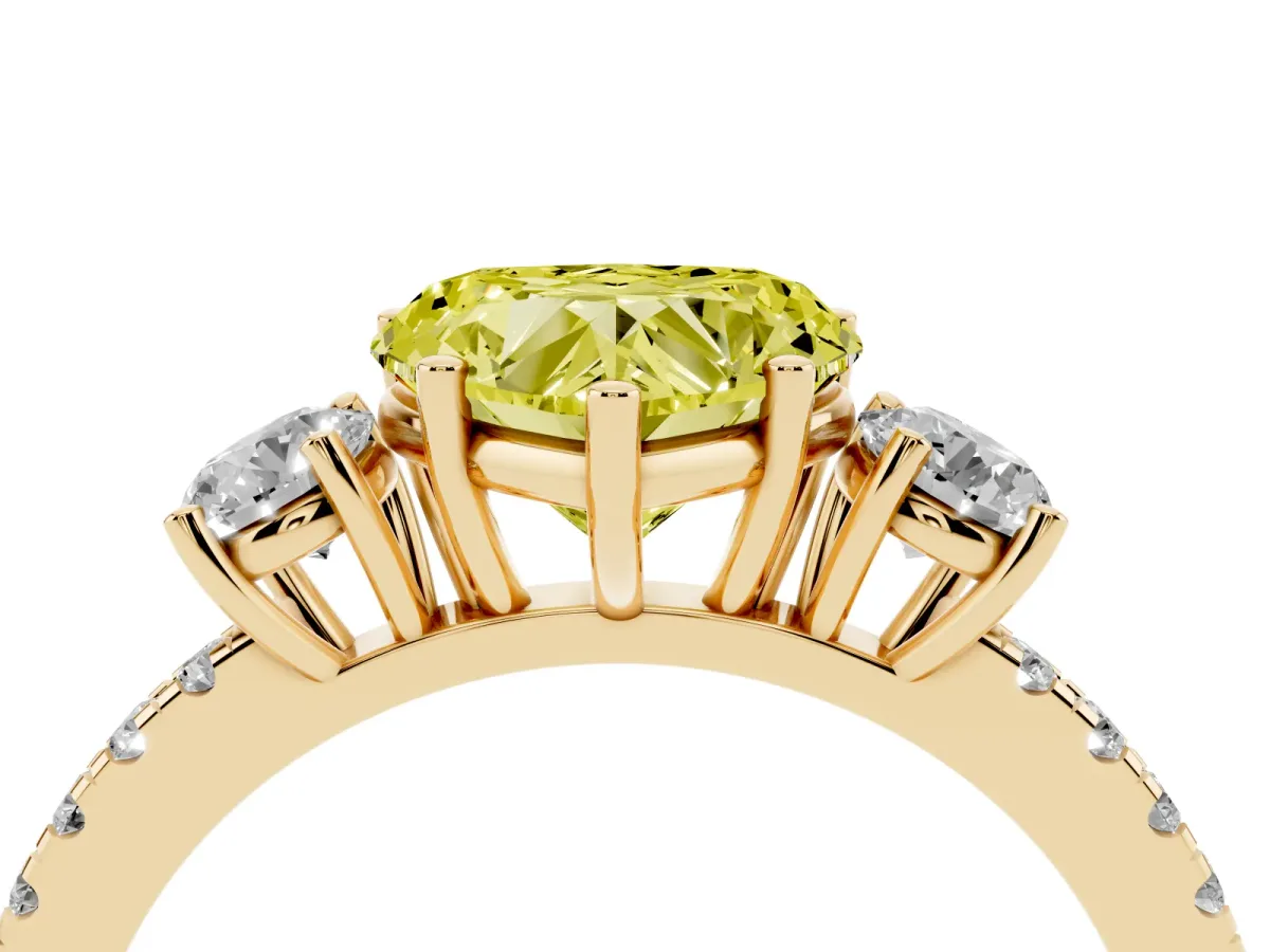 Fancy Yellow Three-Stone Heart Cut Cut Diamond Pavé Band with Prong Setting Yellow gold