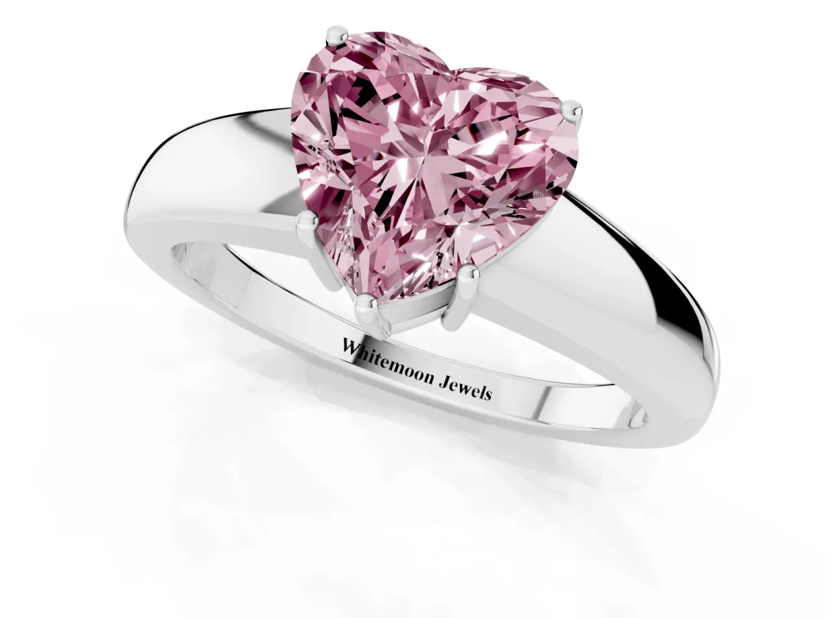 Fancy Pink Heart Cut Solitaire Diamond Ring with Tapered Band and Four-Prong Setting White gold