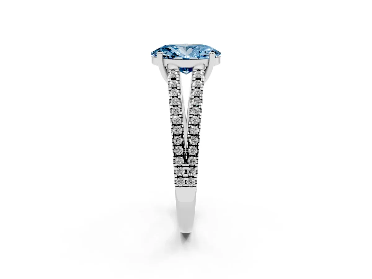 Fancy Blue Oval Cut Diamond Solitaire Engagement Ring with Split Shank Pavé Band Platinum
