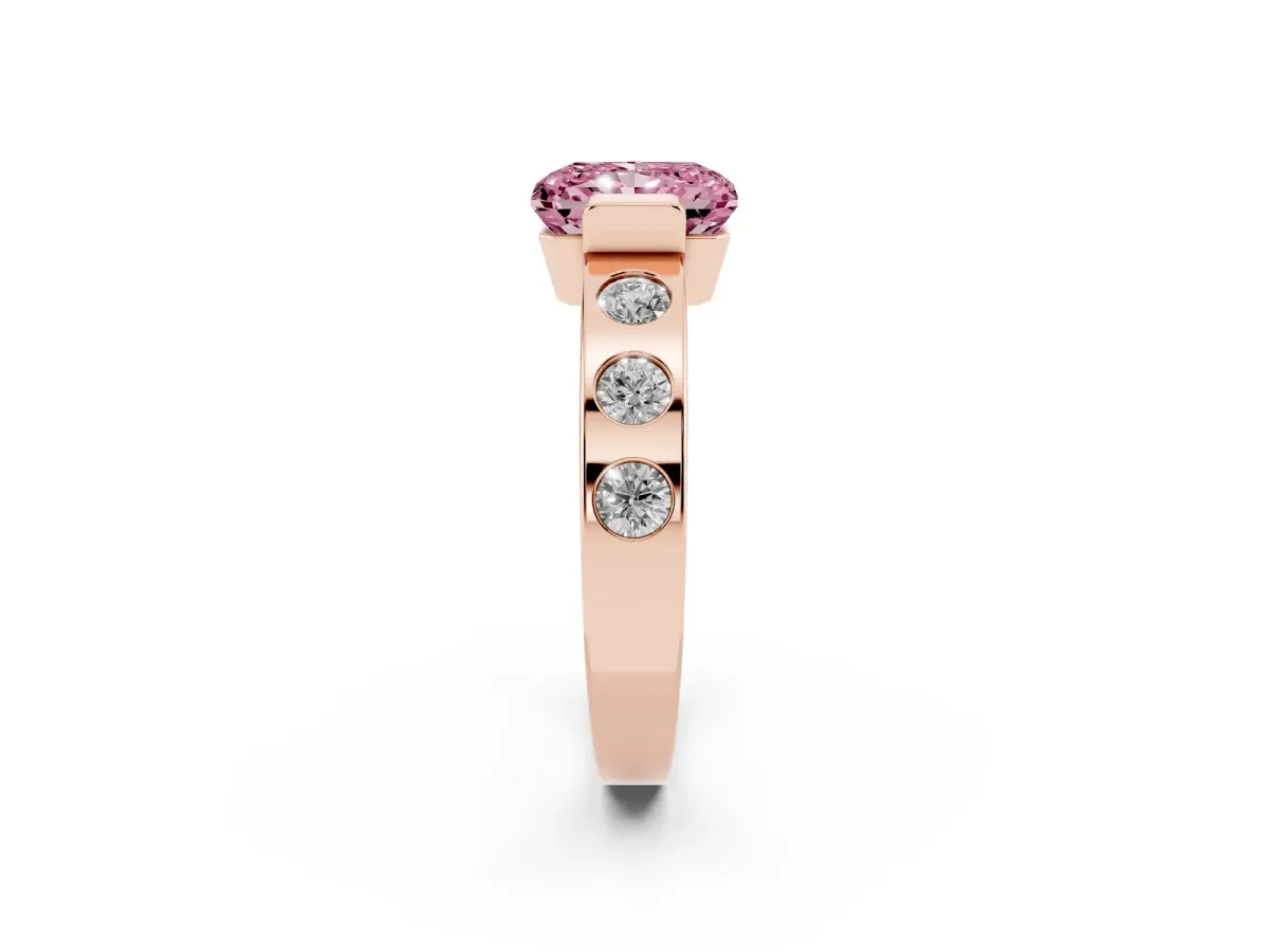 Fancy Pink Radiant Cut Brilliant Channel-Set Diamond Ring with Bezel Prong Setting Rose gold