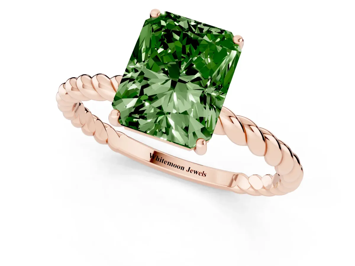 Fancy Green Radiant Cut Solitaire Twist Band Ring with Four-Prong Setting Rose gold